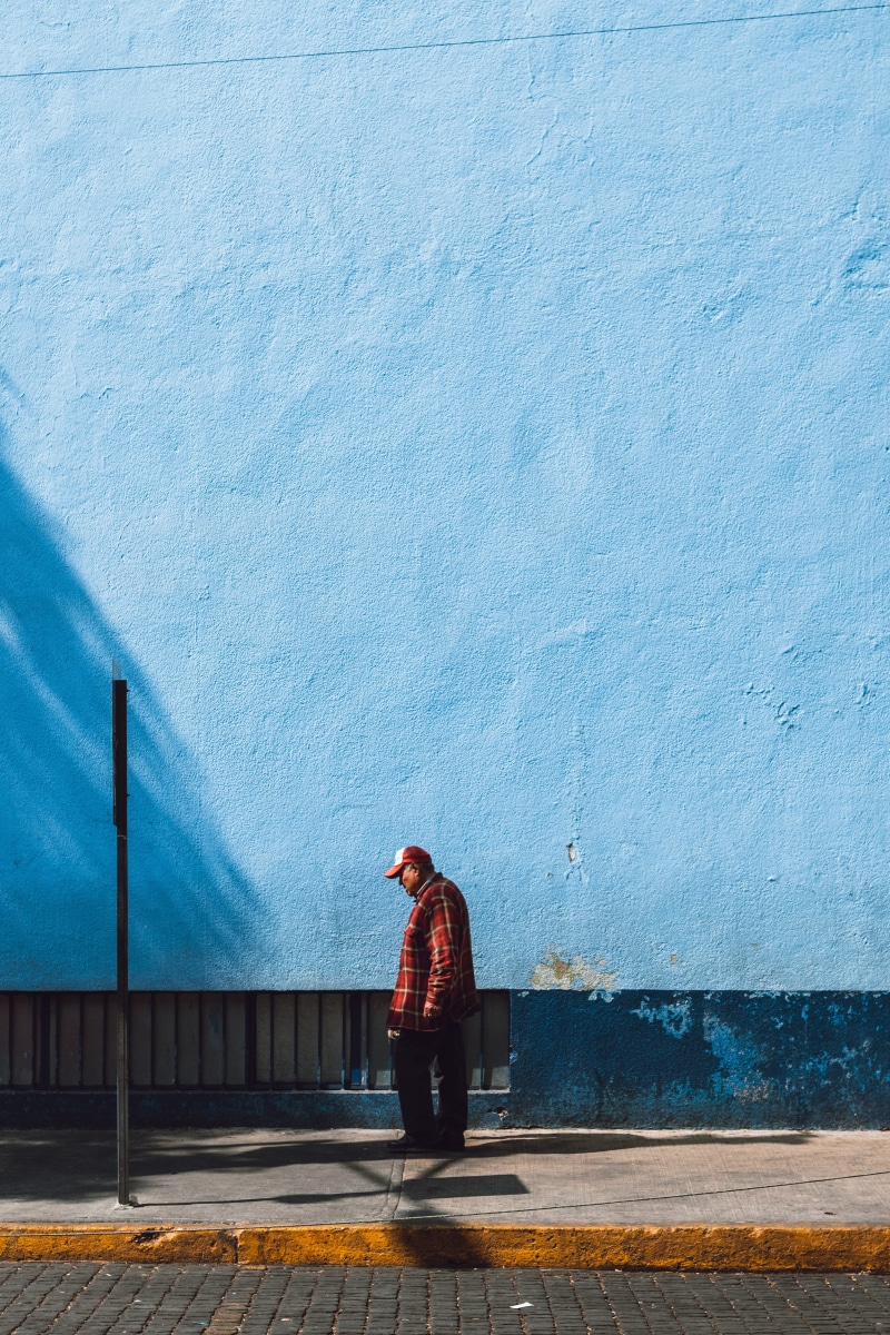 blue wall, near, people, 4K, caucasian Ethnicity, modern, ciudad de mexico, negative space, standing, copy Space, wall - Building Feature, one Person