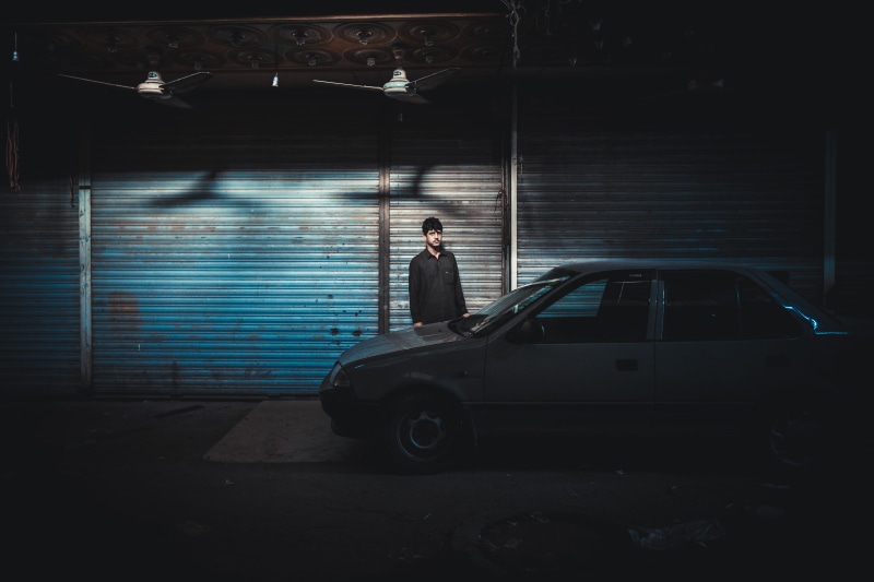 gray, looking, men, man, transportation, alone, lifestyles, car, across, side view, full length, architecture, shadow, street, front, mode of transportation