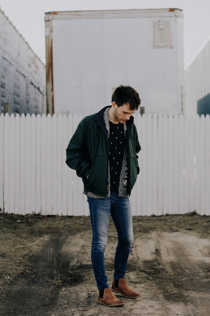 large, adolescence, gray, 5K, outdoor, chelsea boot, male, short hair, standing, fence, style, leather shoe, front view, looking down, lifestyles, teenage boys