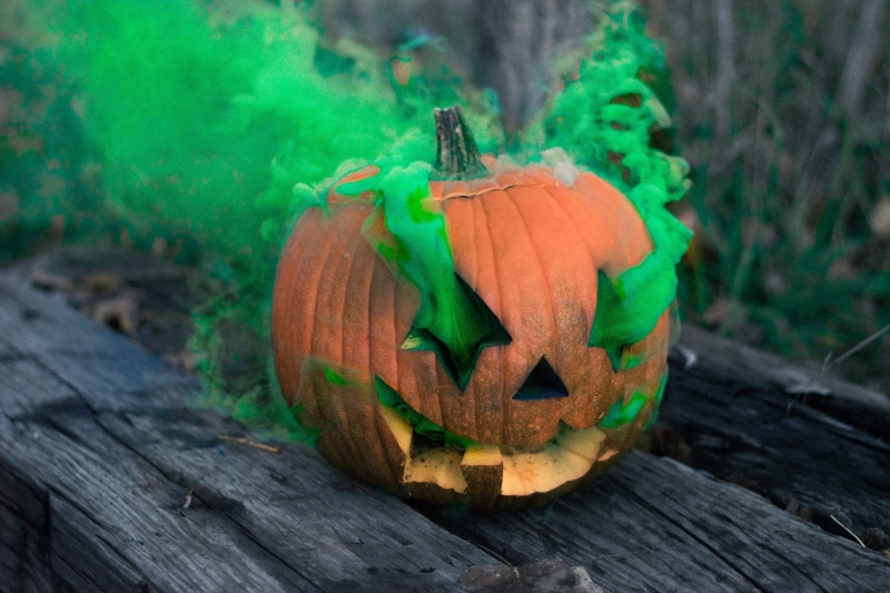 carving, nikon, photography, grey, jack o lantern, anthropomorphic face, jack o lantern, fall, outdoors, wood - material, green, 4K, food, anthropomorphic