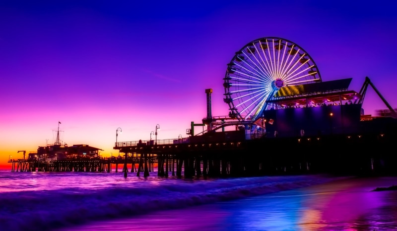 motion, sunset, nighttime, ocean, amusement park, arts culture and entertainment, dock, nature, beach, multi colored, sky, Ferris wheel, hdr, water, pacific