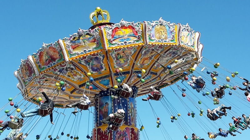 carousel, traveling carnival, large group of people, blue, fun, 2K, amusement park ride, crowd, dom, theresienwiese, real people, enjoyment, fair, ride