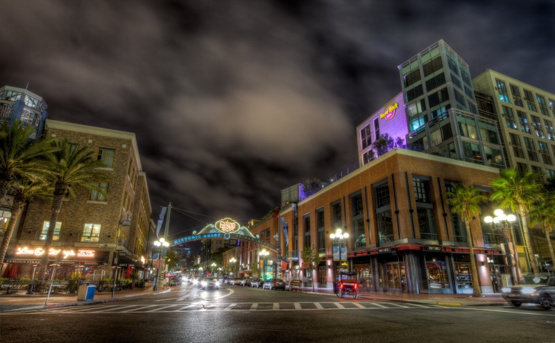 gray, skyscraper, city, 4K, Restaurant, modern, district, Hard Rock Hotel, san diego, California, illuminated, building, Night, storm, Gaslamp Sign, car