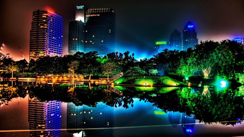 united states, new york city, night, lake, skyscrapers, night city, 4K, reflected, city lights