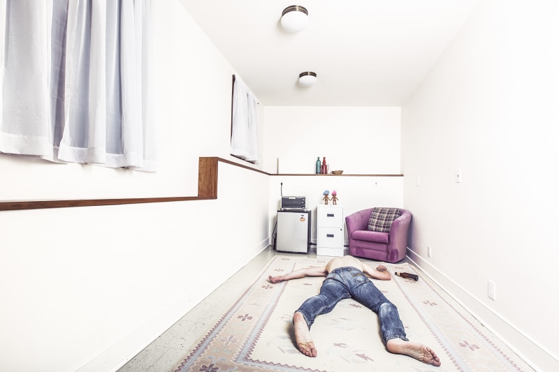 bed, sleeping, males, shirtless, casual clothing, bedroom, adults only, floor, living room, passed, drunk, dead, jeans, white, funny, sadness, lying on back