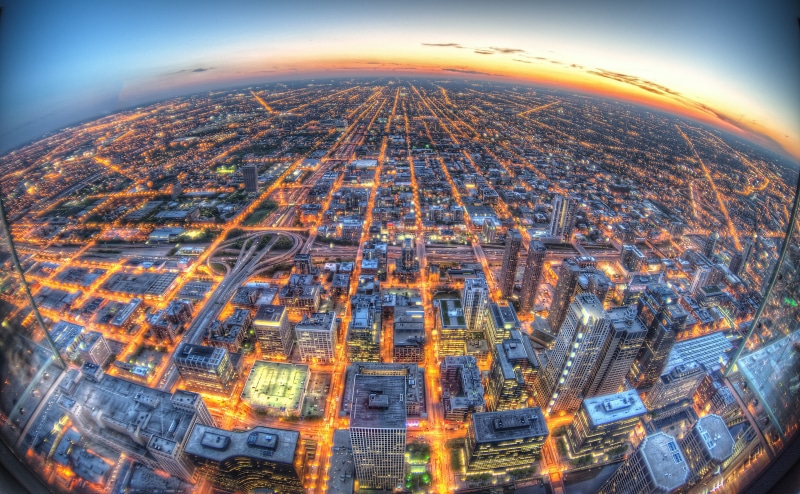 skyscraper, Dusk, Chicago, 4K, gotham, no people, aerial view, Skyscrapers, sky, aerial, built structure, view, travel destinations, digital composite