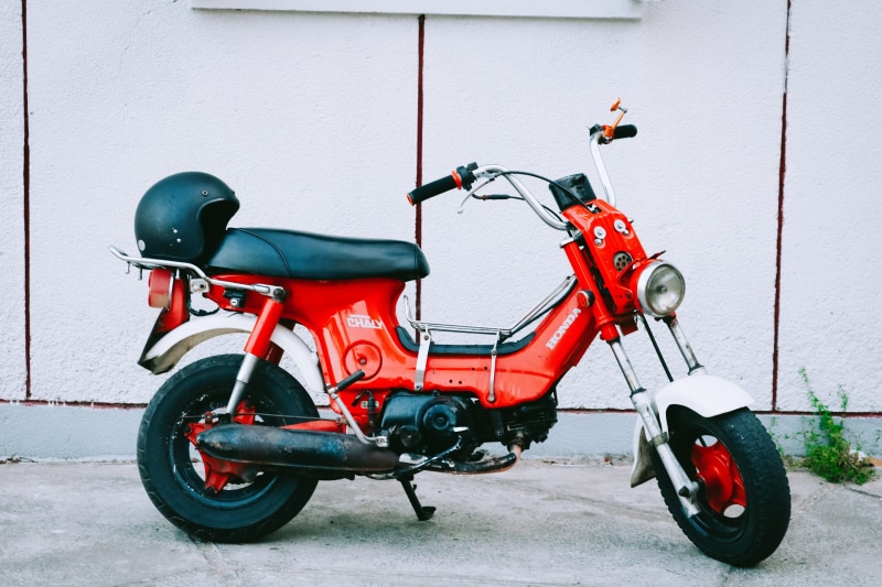 built structure, wall - building feature, no people, full length, red, motorbike, Honda, day, black, chaly, outdoors, stationary, architecture, transportation
