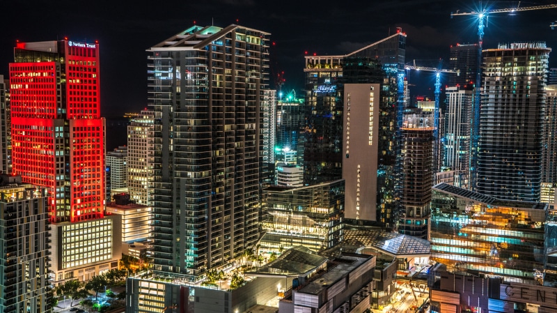 building exterior, exposure, street, built structure, lights, cityscape, united states, miami, outdoors, night, 8K, tower, architecture, landscape, residential district