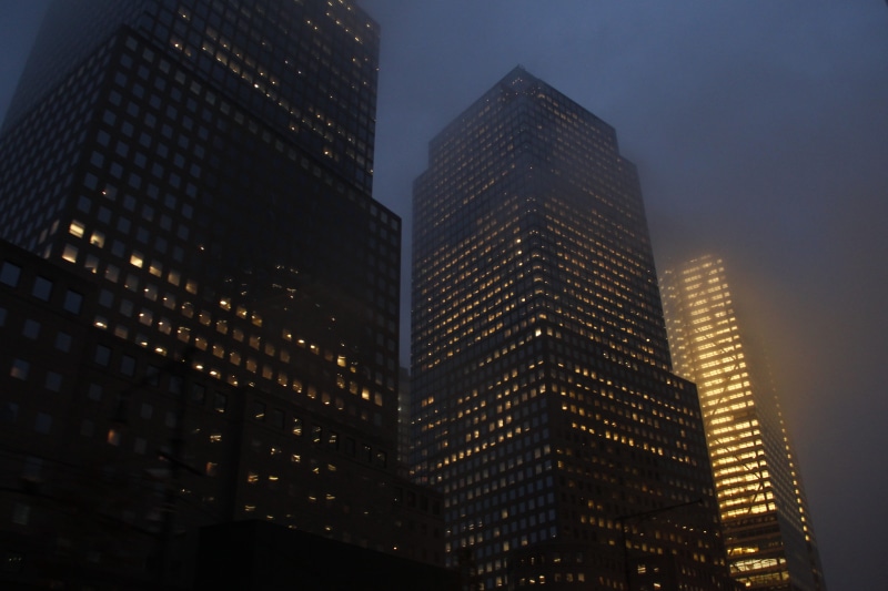 night, architecture, newyork, lights, city, sky, evening, modern, tall - high, 5K, spooky, cloud, gloomy, nature, wall street, office, rain, low angle view