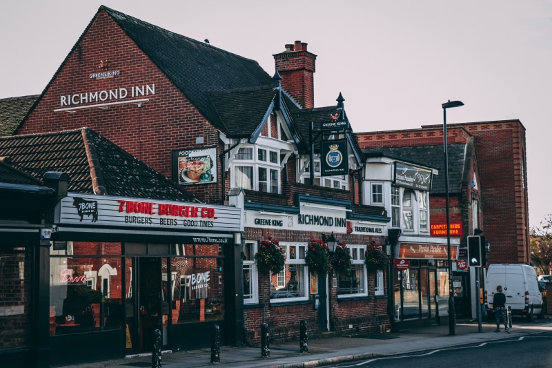 transportation, warm, text, architecture, communication, street, clear sky, brick, burger, outdoors, day, sky, restaurant, shops, autumn, southampton, road