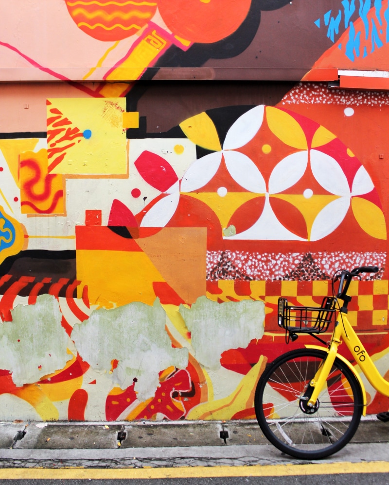 bicycle, red, wall - building feature, transportation, mode of transportation, graffiti, singapore, cyclist, bmx, architecture, 4K, beside, no people