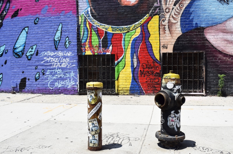 hydrant, bright, day, text, spray paint, new york, brooklyn, graffiti, near, pavement, representation, perpendicular, sidewalk, street art, wall - building feature