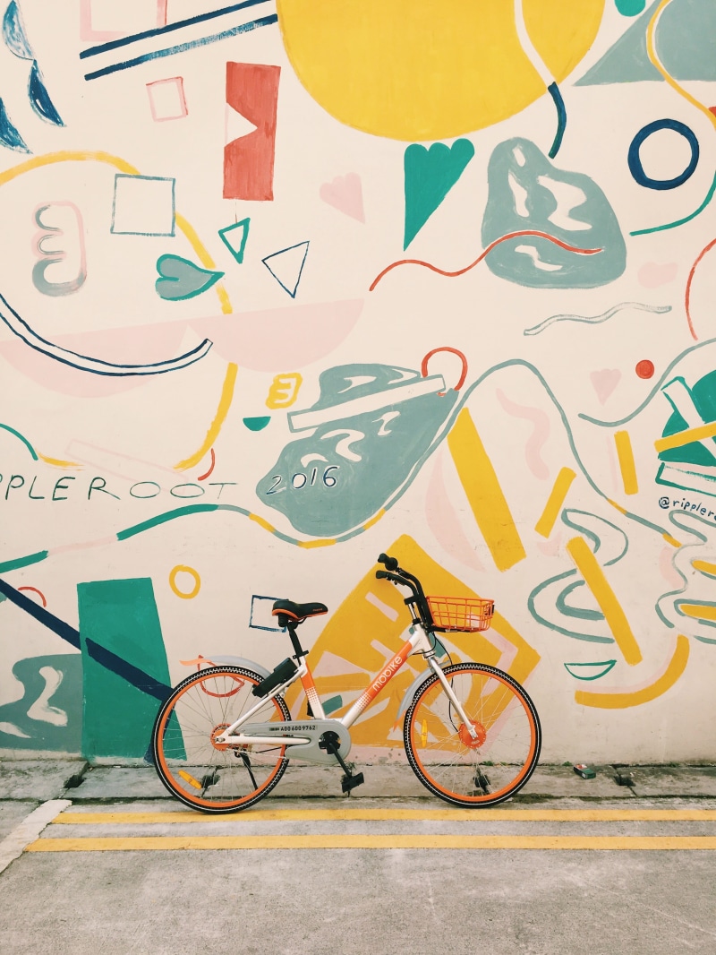 side view, transportation, street art, white, painted, mural art, art and craft, colorful, standing, bike, color, wall, land vehicle, multi colored, photography
