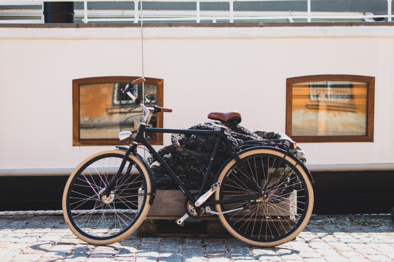 dock, pathway, city, boat, outdoors, building, wood window, bicycle, mode of transportation, 5K, transportation, sunny, sky, built structure, road, white