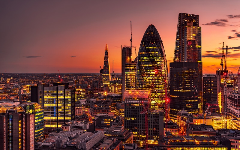 skyscrapers, 30 St Mary Axe, building, sunset, England, panorama, St Marys Ex 30, London, 5K, The Gherkin, night city