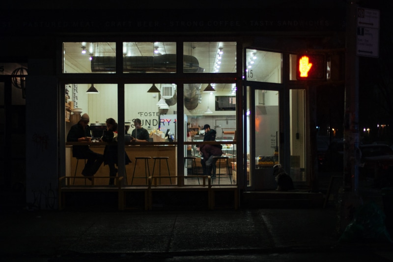 people, outdoors, group of people, building exterior, dark, architecture, restaurant, storefront, business, store, cafe, united states, new york, glass - material