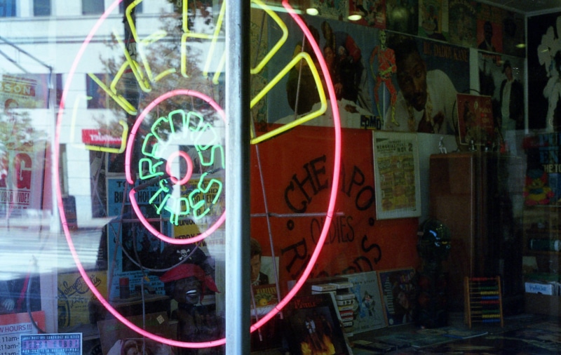 neon lights, store, records, neon, design, neon sign, colors, building exterior, shop window, close-up, storefront, outdoors, architecture, glass, sign