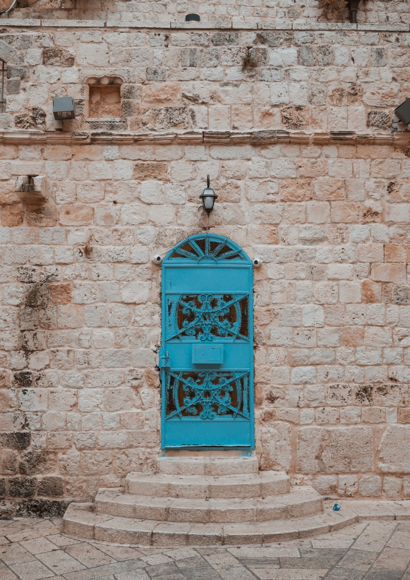 blue, pattern, outdoors, detail, wall - building feature, brick, teal, storefront, no people, weathered, 4K, entrance, wall, step, turquoise colored, stair