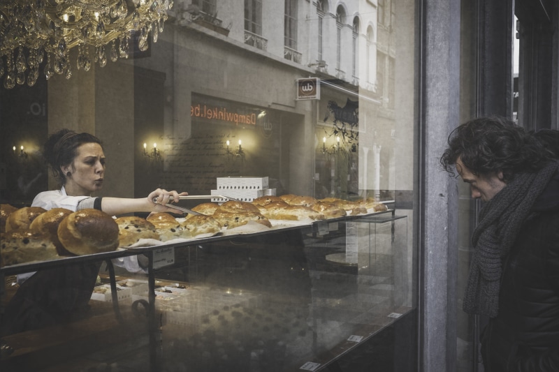 store, baked, people, adult, thong, mid adult, women, man, work, indoors, costumer, waist up, woman, front, worker, business, facing, street, storefront