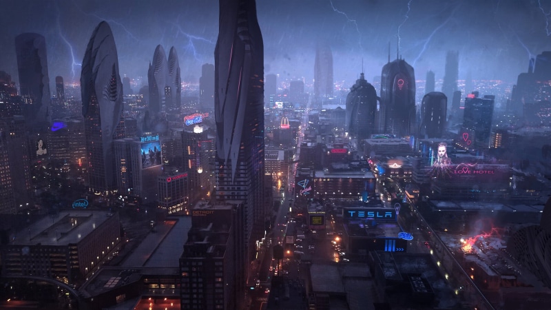 cityscape, rain, Tesla, city, Detroit, night, Coca-Cola, Nike, Intel, DominiqueVanVelsen, cyberpunk, storm, McDonalds, 1080P, lightning