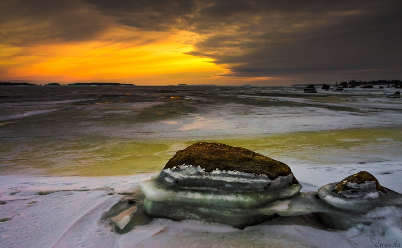 Beach, rocks, 5K, Clouds, Winter, Cold, water, tranquility, Nature, horizon over water, no people, sea, Dark, orange color, rock, kuusinen, rock - object