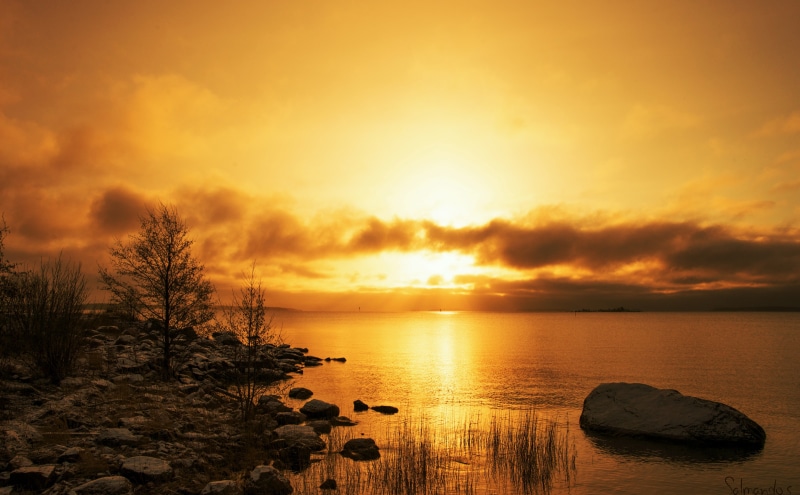 brown, scenics - nature, horizon, rock, sunset, katariinanniemi, beauty in nature, sky, Rocks, no people, romantic sky, glouds, orange color, sun, water