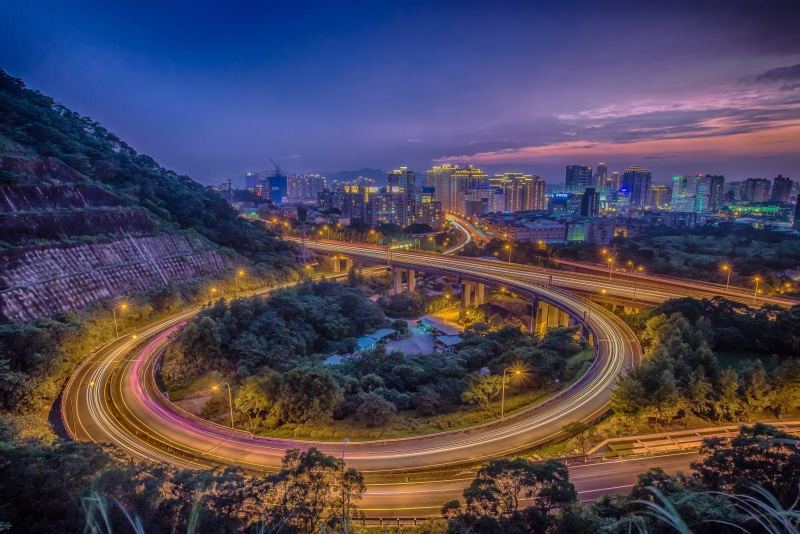 Taiwan, Interchange, dusk, trees, near, speed, mountain, road, timelapse, D600, urban Scene, traffic, skyscraper, System, business, urban Skyline, street