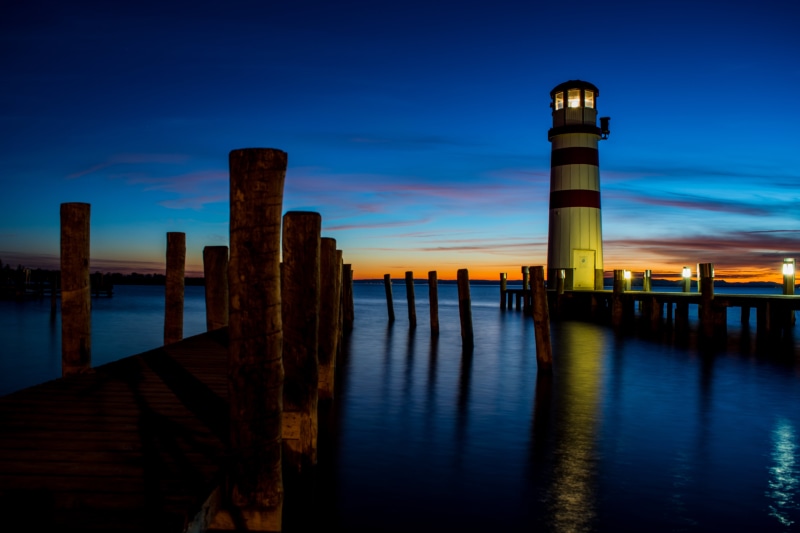 Astounding, sunset, just a way, Image, sea, Leuchtturm, blau, water, body of water, 5K, dusk, night, au, pier, österreich, body, burgenland, blue  hour