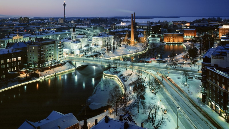winter, calm, 1080P, ice, cyan, city, Suomi, city lights, Finland, bridge, horizon, street, snow, Tampere, evening, long exposure, river