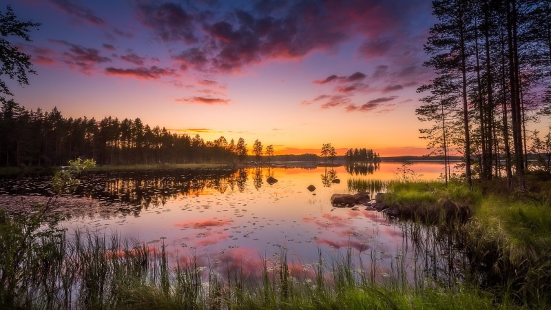sunset, wetland, national park, burning sunset, afterglow, helvetinjarvi national park, finland, evening, europe, reflection, lake, wilderness, 1080P