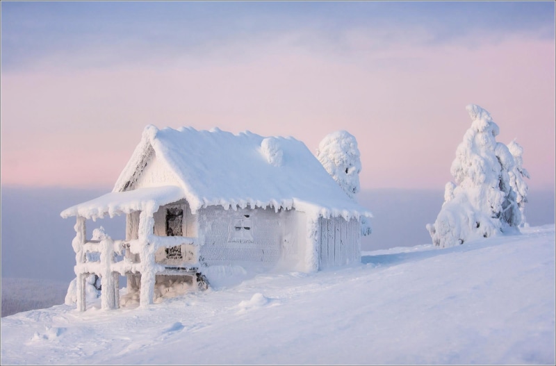 trees, Finland, mountains, snow, cabin, winter, 1080P