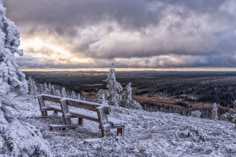 tranquility, tranquil scene, sky, Sun, frozen, bench, no people, snow, outdoors, nature, built structure, forest, 1080P, cold temperature, winter, clouds