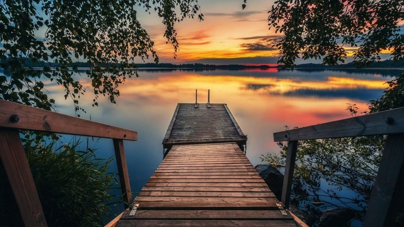 beauty in nature, tranquility, dock, tree, water, 1080P, scenics - nature, orange color, lake, tranquil scene, dusk, reflection, cloud - sky, europe, no people