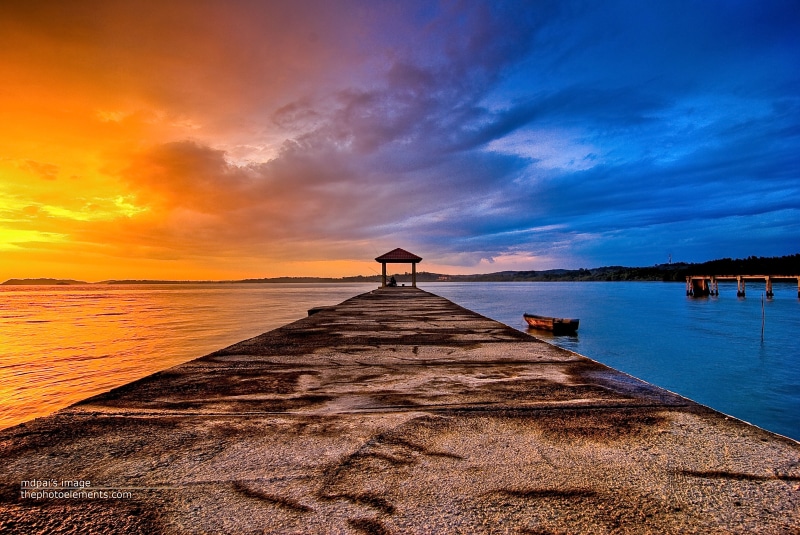dual, com, water, beach, pasir panjang, blue and yellow, yellow sky, nikon, pier, black, dock, wood - Material, jetty, gazebo, vacations, outdoors, sea