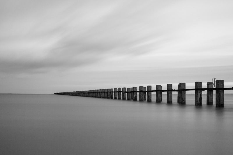 dock, 5K, shoeburyness, weather, sea, clouds, pier, white  canon, Out to Sea, photography, bw, breakwater, water, black and white, wood - Material, seaside