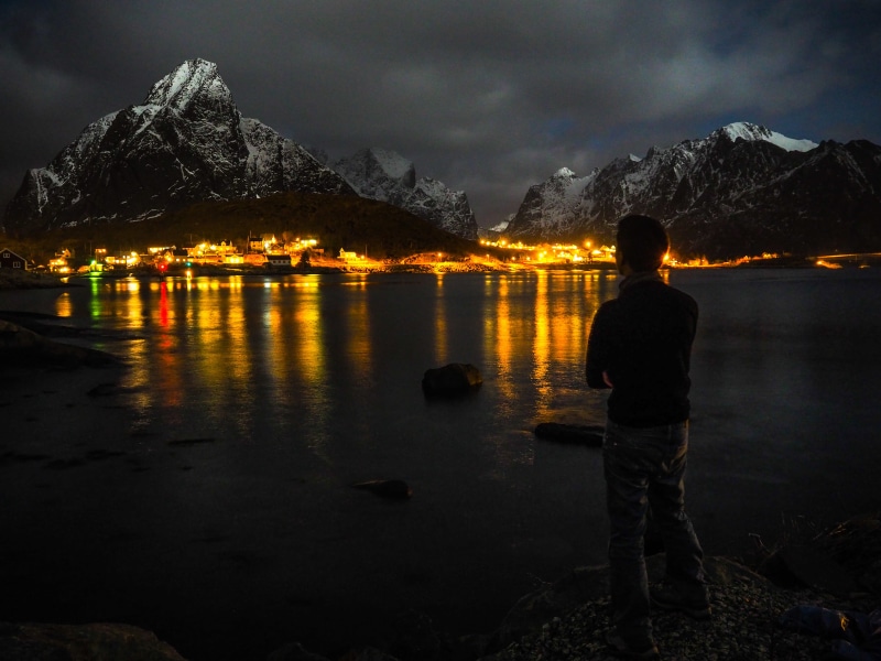 tranquility, 4K, cloud - sky, sky, rock, dusk, lofoten, scenics - nature, rear view, man, sunset, nature, islands, lake, vacations, body, near, reflection