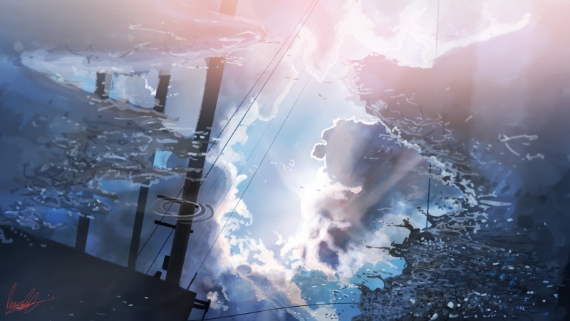 Reflection, Original, Puddle, Cloud, 1080P, Anime, Sun