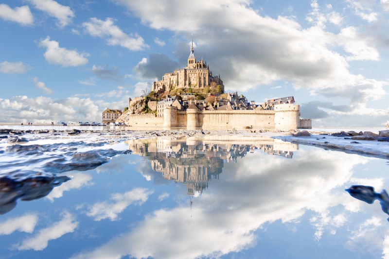 mirrored, surrounded, 5K, instagram, Canon EOS 5D Mark III, France, photography, castle, water, history, FR, mont, puddle, body of water, Le Mont-Saint-Michel