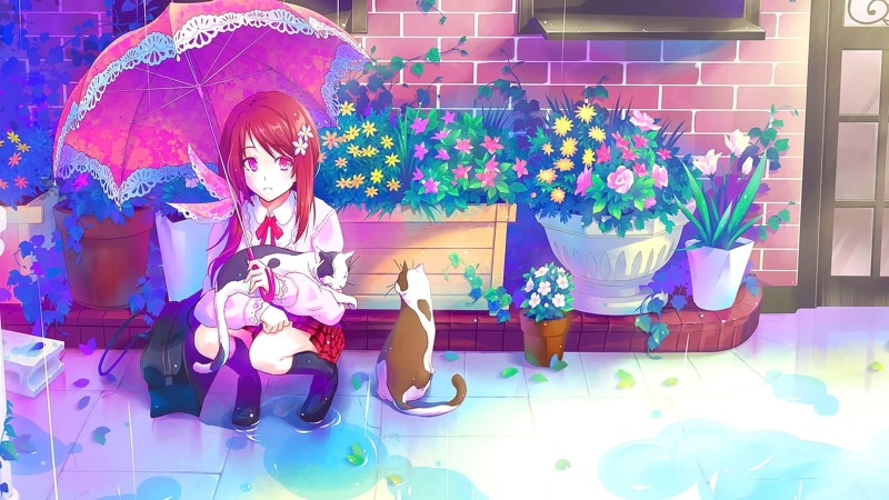 childhood, 1080P, girls, lifestyles, full length, real people, cat, outdoors, multi colored, nature, plants, child, umbrella, plant, anime, leisure activity