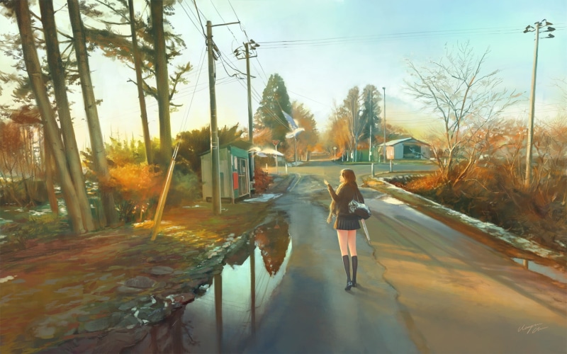 nature, real people, school uniform, untitled, birds, one person, full length, 1080P, road, day, rear view, lifestyles, mode of transportation, reflection