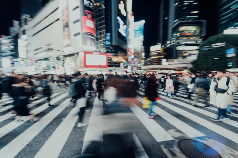 zebra crossing, city, building exterior, shibuya, road, asphalt, vehicle, transportation, metropolis, motion, downtown, road marking, people, sign, crosswalk