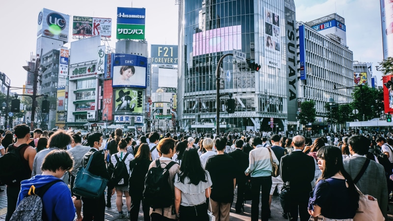 men, office building exterior, crowd, outdoors, modern, waiting, crossing, town, commercial, urban, shibuya, city street, people, shop, building exterior
