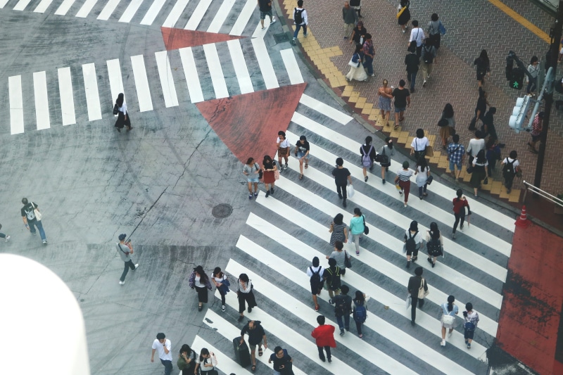 road marking, busy, commercial, city street, shibuya, crowd, men, crossing, zebra crossing, day, architecture, shopping, japan, built structure, aereal view