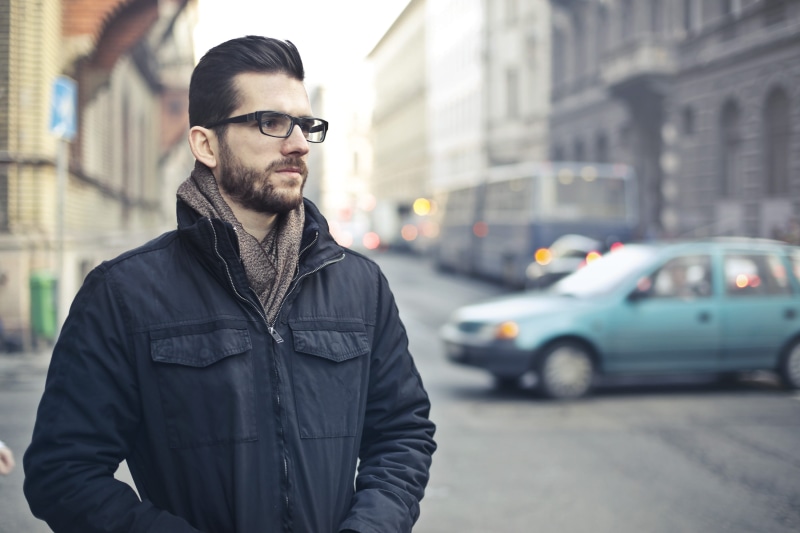 winter, thinking, caucasian, men, thoughtful, architecture, road, mode of transportation, young, transportation, man, handsome, one person, black zip jacket