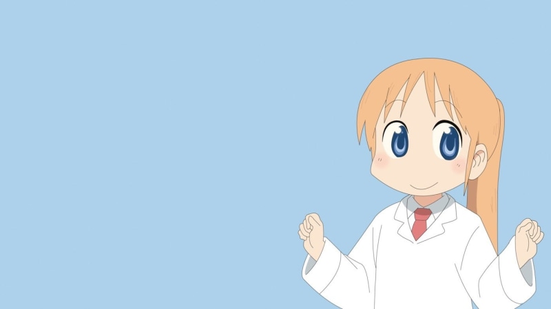 copy space, anime girls, outdoors, Nichijou, emotion, smiling, contemplation, blue background, businessman, business, Shinonome Hakase, nature, blue, cartoon