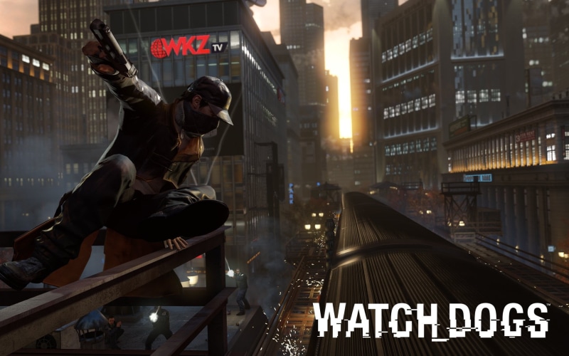 game, illuminated, Aiden Pearce, city, building exterior, dogs, men, built structure, activity, skyscraper, watch, real people, 1080P, Video Game, full length