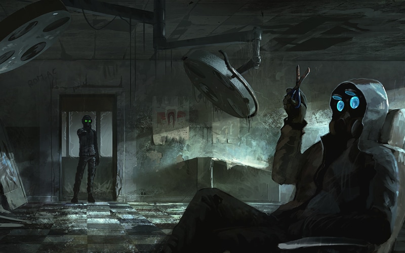 hd, scissors, mask, gas, apocalyptic, digital/artwork, drawing, romantically, 1080P