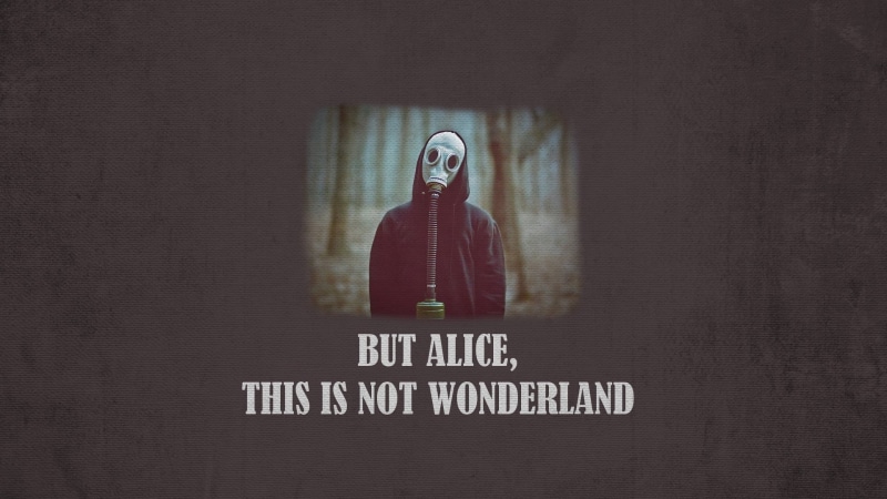 hood - clothing, digital composite, Alice in Wonderland, western script, white, gas masks, casual clothing, overlay, one person, 1080P, indoors, hood