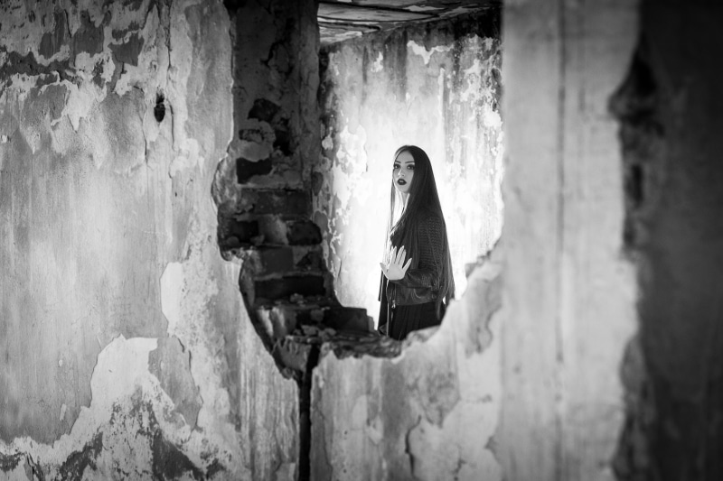 deserted, dress, day, built structure, spooky, building, beauty, nature, females, adults only, black, black And White, 4K, dress shirt, real people, young women