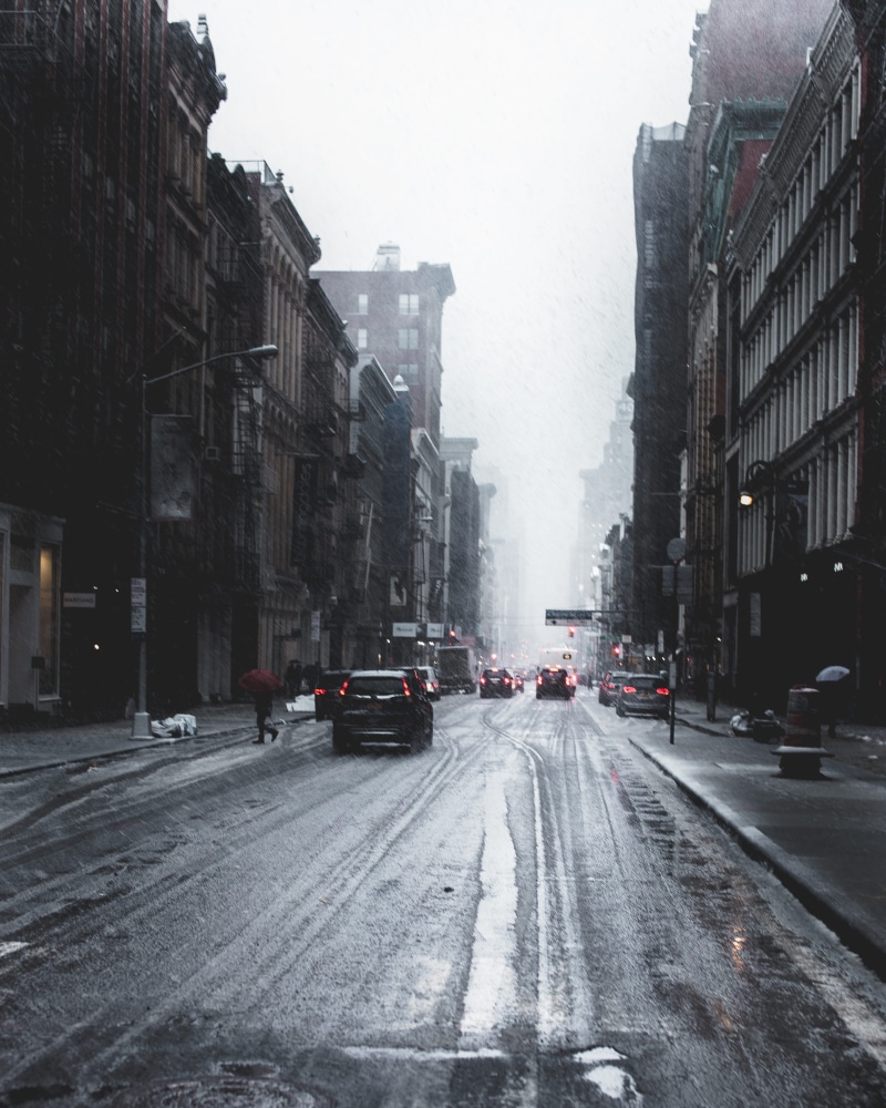 building exterior, buildings, mode of transportation, city, fog, weather, no people, architecture, cold temperature, outdoors, winter, downtown, roadway